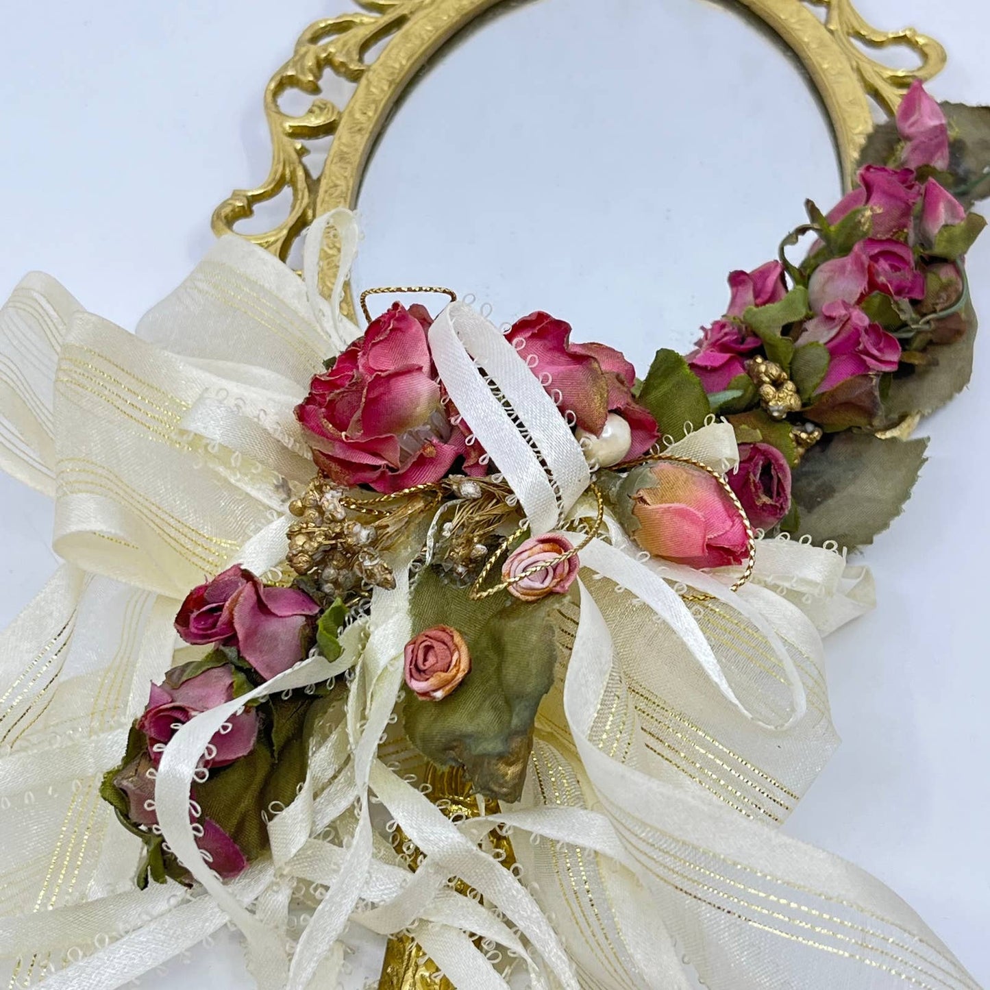 Vintage Lacquered Brass Princess Flower and Lace Vanity Mirror 14” TF3