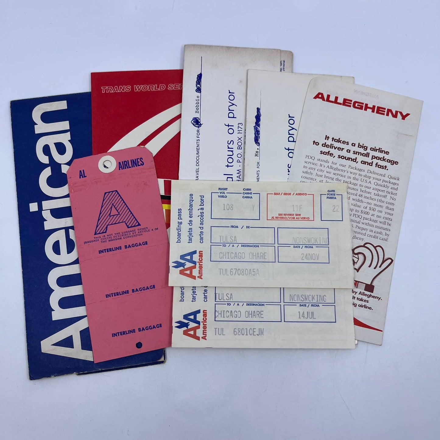 1970s American Airlines Boarding Passes Envelope/Passenger Stubs Bag Tags AC8-4