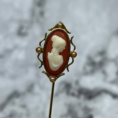 Vintage Avon Victorian Style Cameo with Faux Pearls Gold-Tone Stick Pin SE6