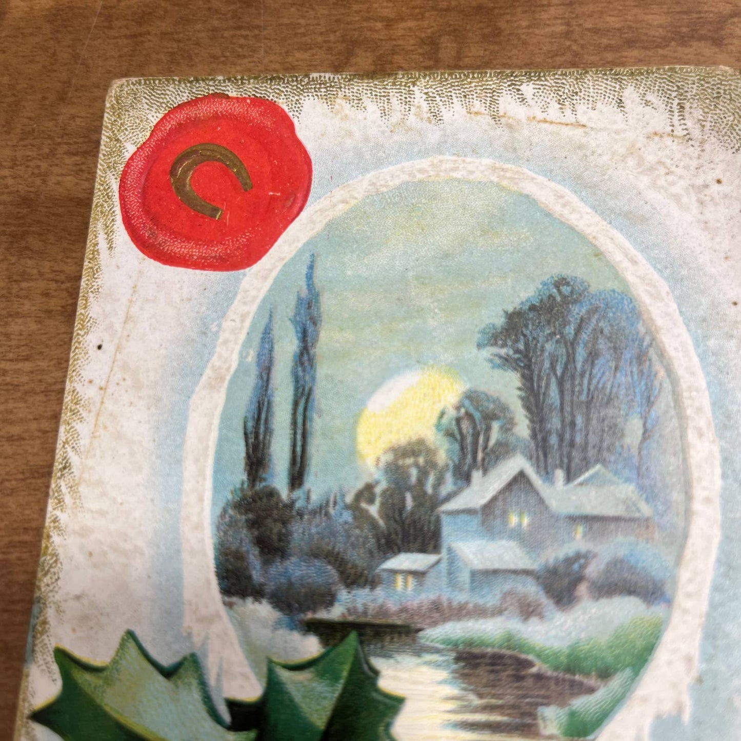 c1910 Embossed Gold Horseshoe Holly Country Christmas Greetings Postcard PA2