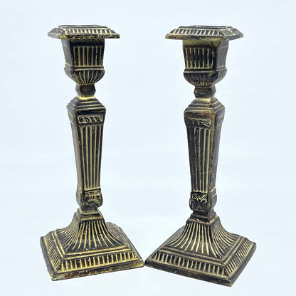 Pair Vintage Heavy Cast Iron Art Deco Fluted Candlestick Holder Taper Candle TG3