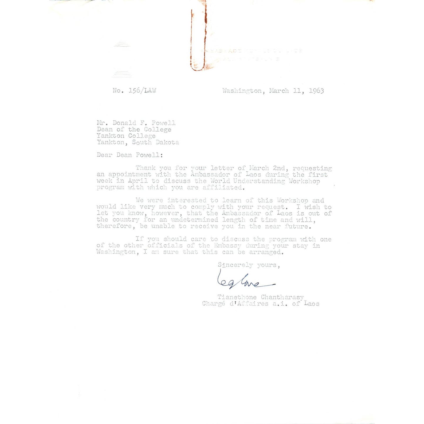 Laos Ambassador to the US Letterhead Memo Tianethone Chantharasy 11/21/63 TK1-P9