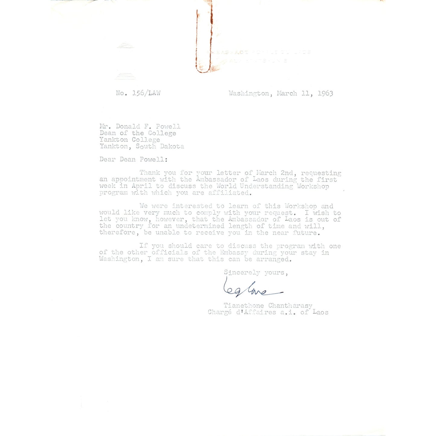 Laos Ambassador to the US Letterhead Memo Tianethone Chantharasy 11/21/63 B14
