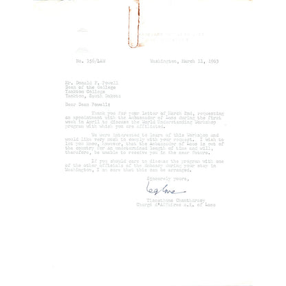 Laos Ambassador to the US Letterhead Memo Tianethone Chantharasy 11/21/63 B14