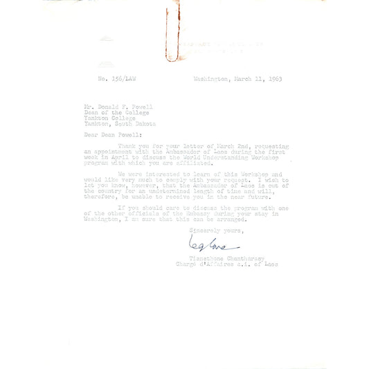 Laos Ambassador to the US Letterhead Memo Tianethone Chantharasy 11/21/63 B14