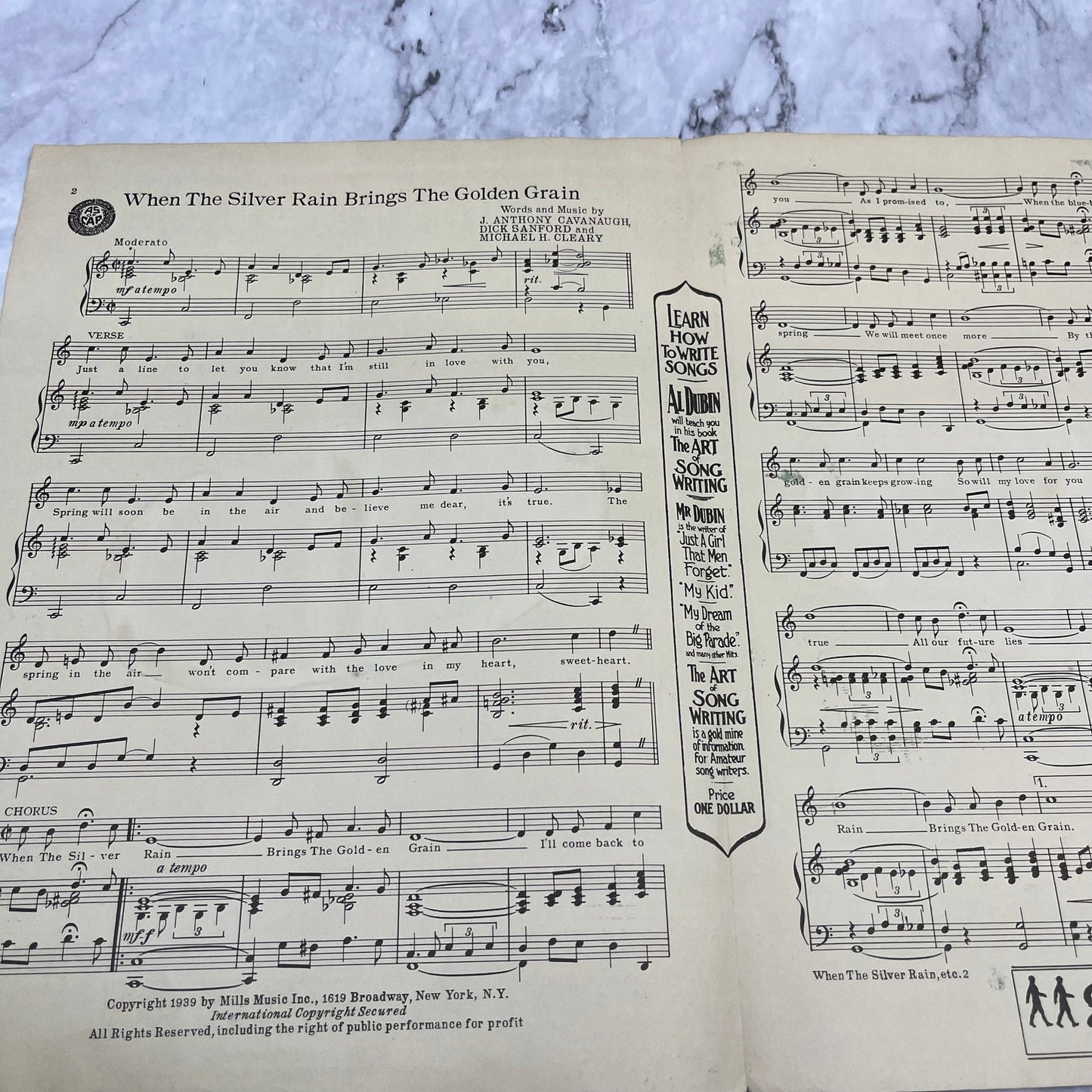 1939 Sheet Music When the Silver Rain Brings the Golden Grain Sanford Cleary V42-2