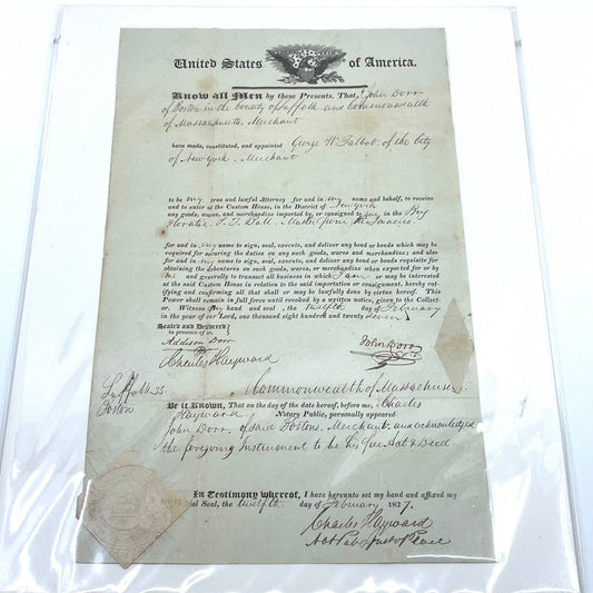 1827 Legal Contract Power of Attorney George W. Talbot NY Charles Hayward TC7