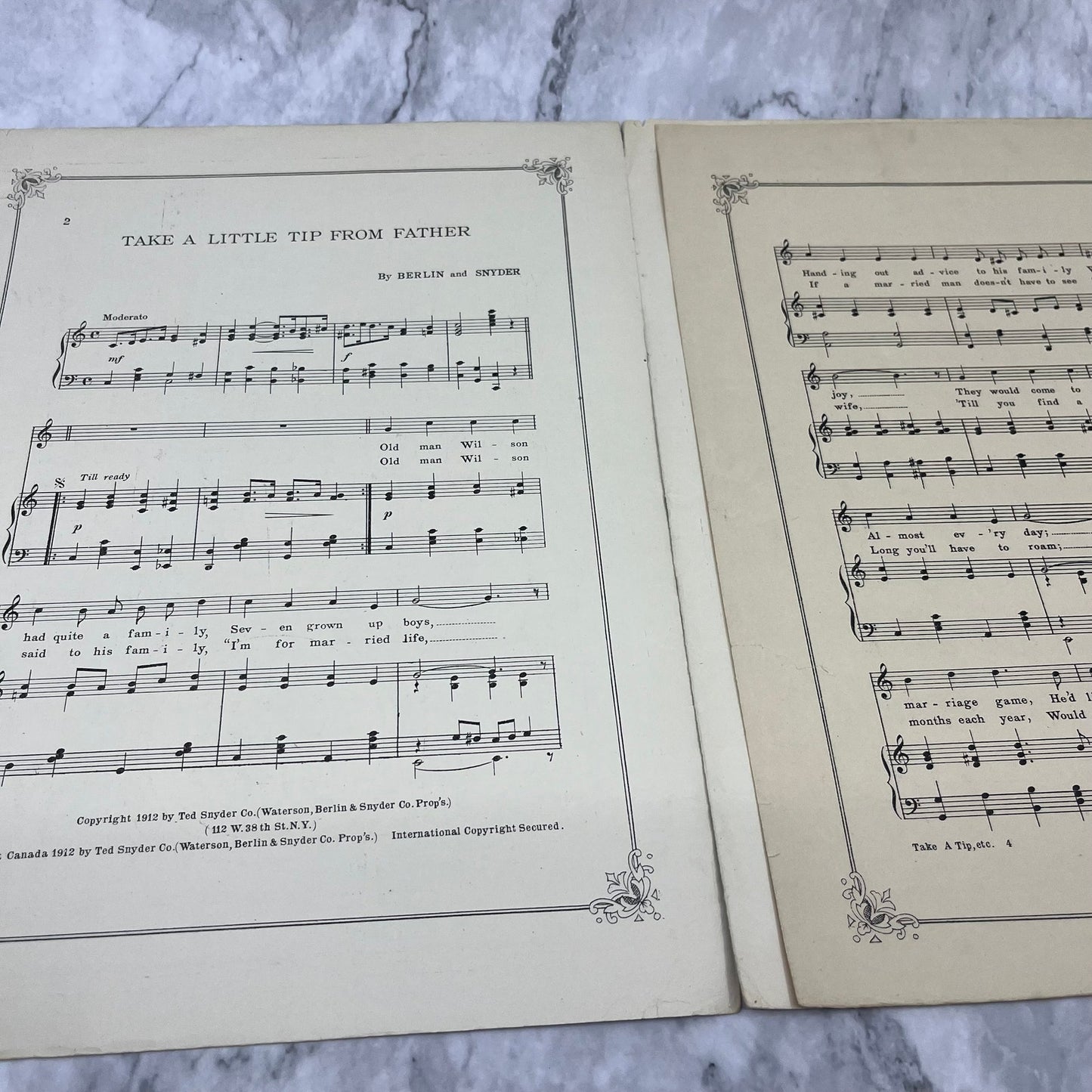 1912 Take A Little Tip From Father Sheet Music Irving Berlin & Snyder V41-3