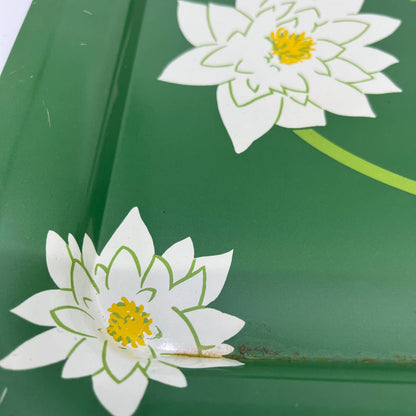 Vintage Toleware Metal Tray Water Lillies White Lotus Flowers 17.5x13" Set Of 2