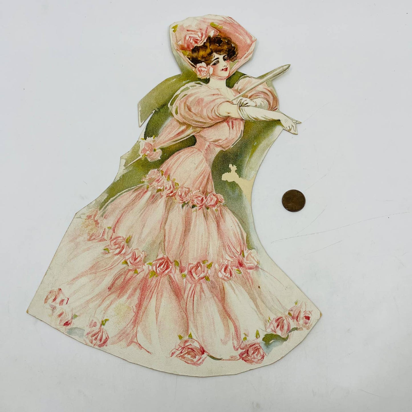 c1900 Victorian Lady Large Cutout Cardstock Pink Dress 9 x 12” TA8