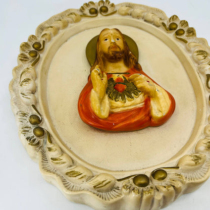 Vintage Immaculate Sacred Heart of Jesus Ornate Chalkware Wall Plaque 9x12 TC3