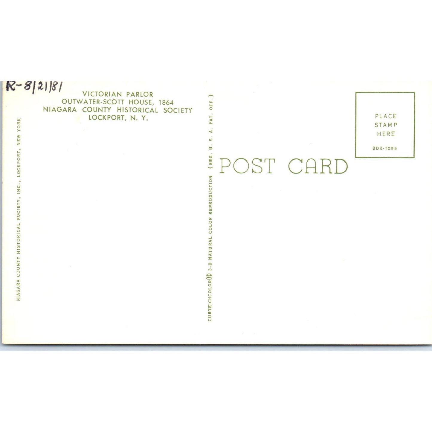 Victorian Parlor Outwater-Scott House Niagara County HS Lockport Postcard PB9