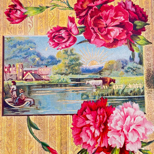 1910s Postcard Birthday Embossed Fishing Farmhouse Scene Gilt SC9