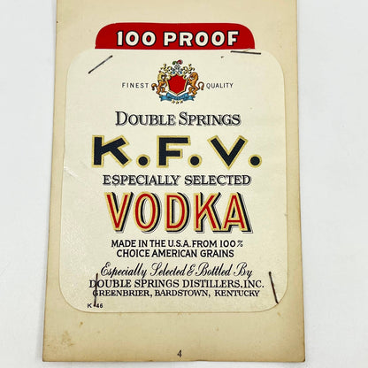 Double Springs KFV Vodka Label Double Springs Distillers Greenbrier KY