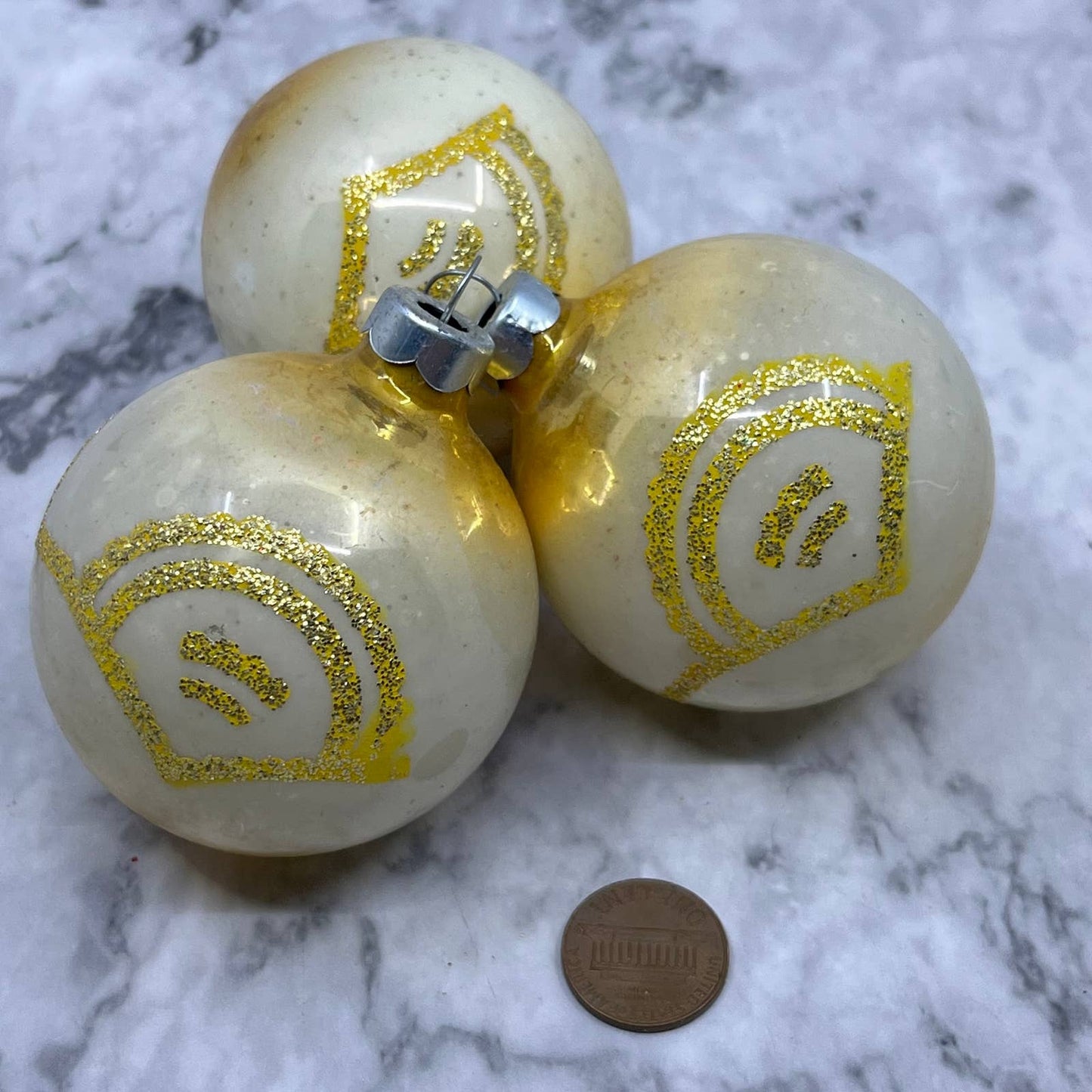 Vtg Lot of 3 Shiny Brite Mercury Glass Ornaments Yellow Cream Mica Stencil TJ9