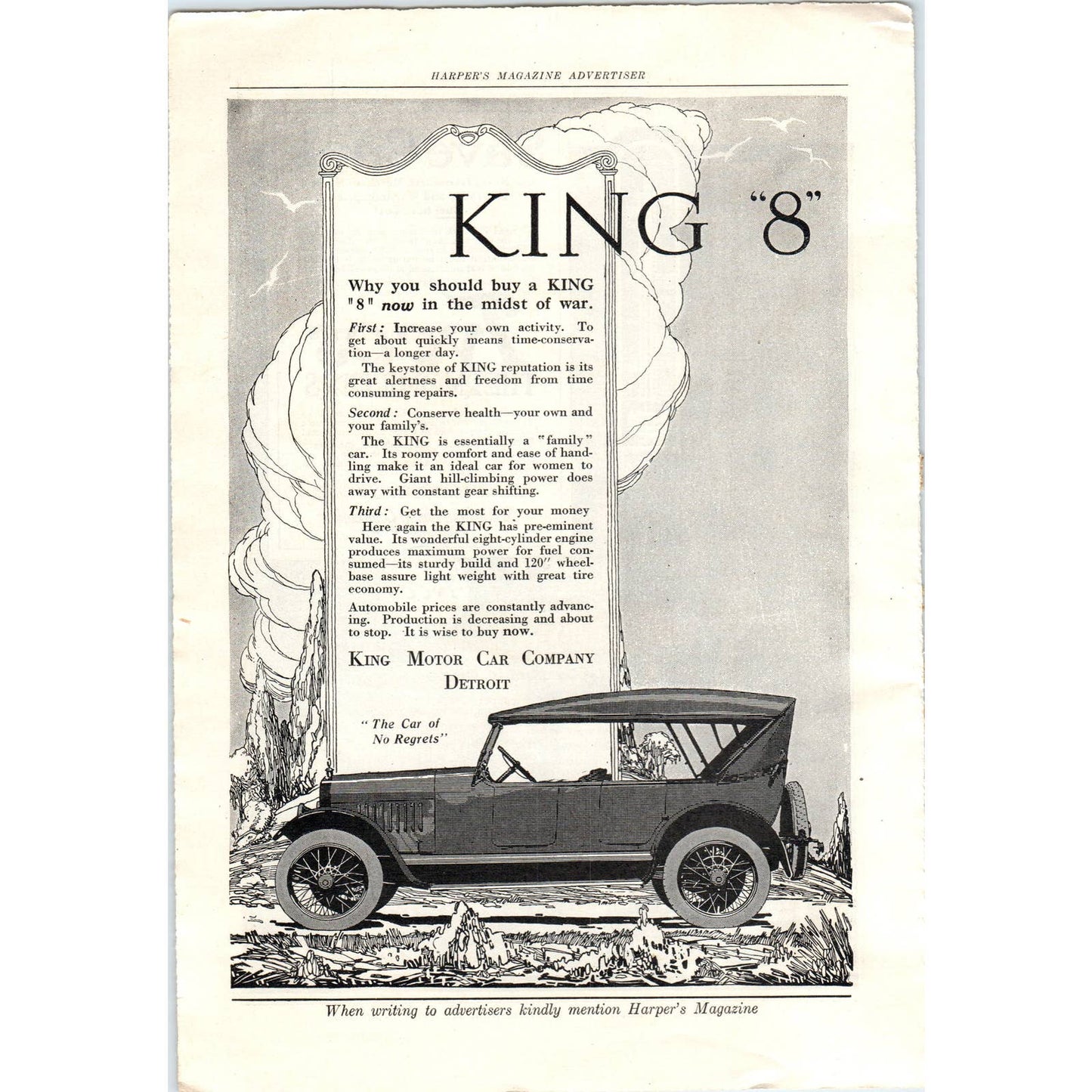 c1920 Harper's Magazine Ad - King "8" Motor Car Detroit TF6-1