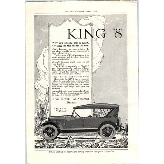 c1920 Harper's Magazine Ad - King "8" Motor Car Detroit TF6-1