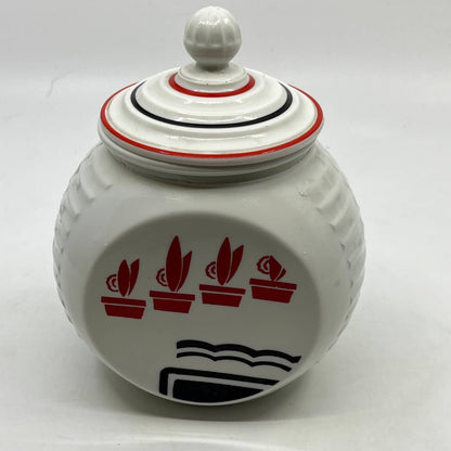 Fire King Anchor Hocking Vitrock White Grease Jar w/ Lid Red Flower Pots TC3