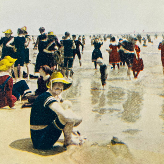 1905 Stereoview Card Hand Tinted Man on Beach in Yellow Sun Hat Atlantic City NJ