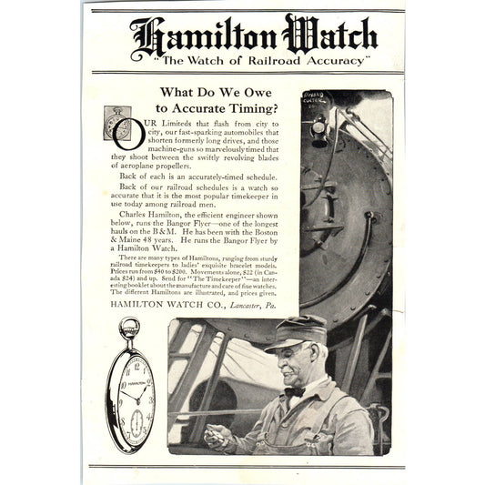c1920 Harper's Ad - Hamilton Watch of Railroad Accuracy Lancaster PA MA TF6-1