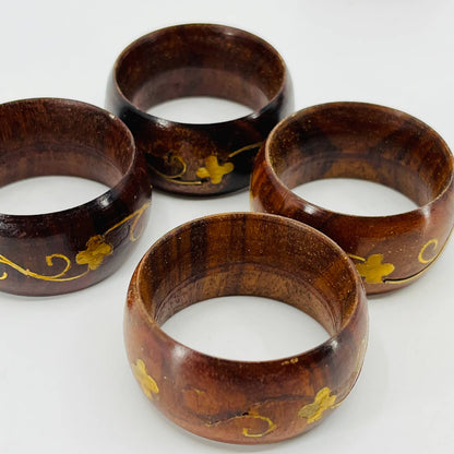 VINTAGE Art Nouveau Napkin Bands Rings Wood w/ Brass Inlay Set of 10 TD2