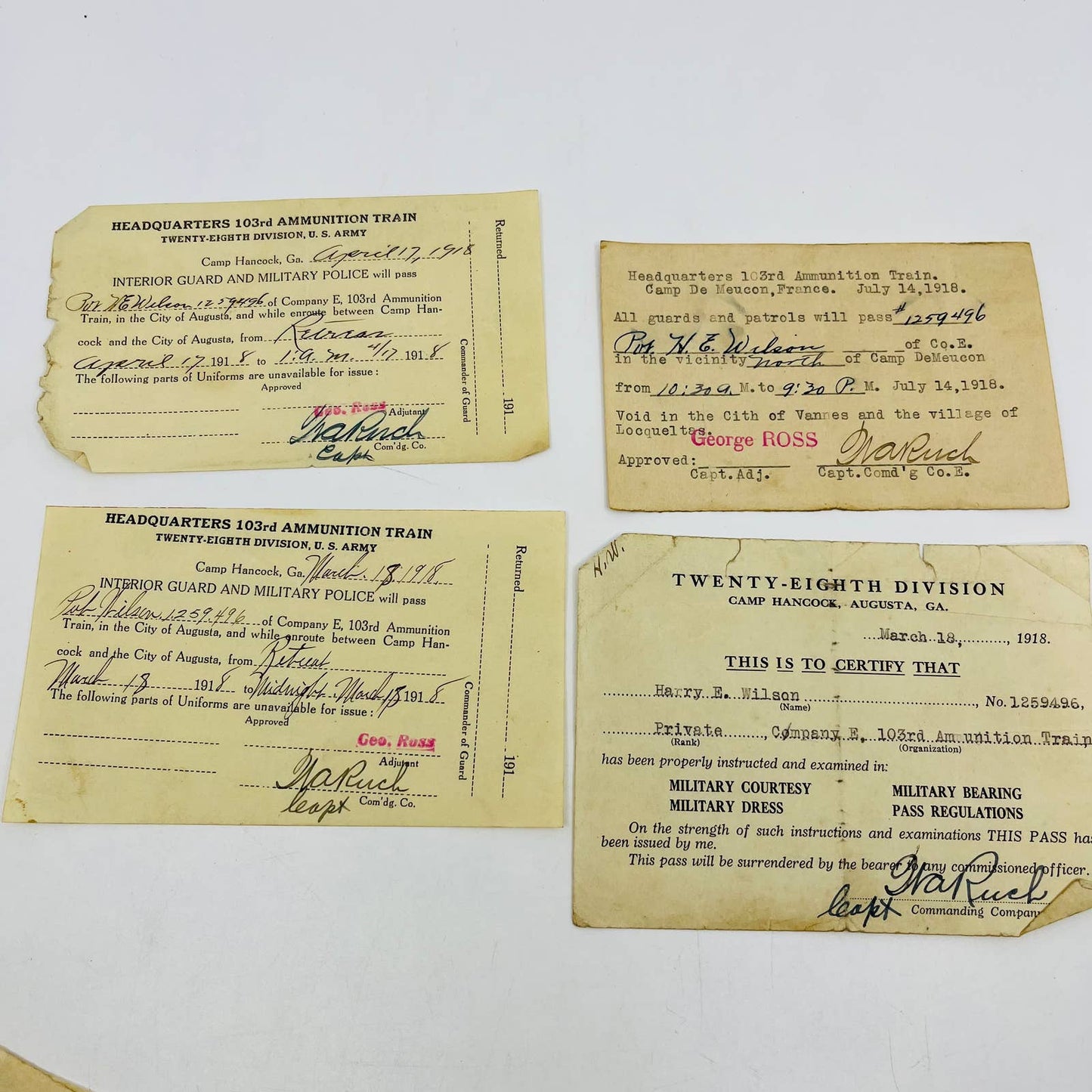 1917 WWI 28th Division 103rd Amm. Documents Corp. Harry E. Wilson Lot of 12 SC2