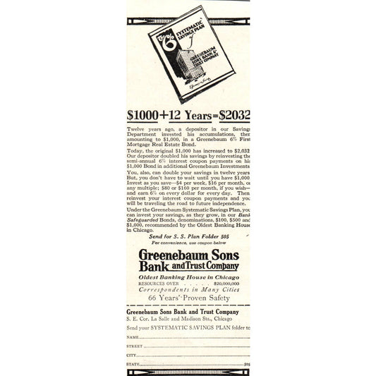Greenbaum & Sons, Oldest Banking House in Chicago - 1921 Original Ad TJ7-S
