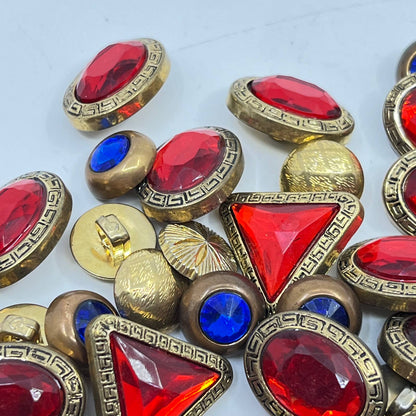 Huge Lot Vintage Art Deco Gold Tone Ruby & Sapphire Style Acrylic Buttons TF7