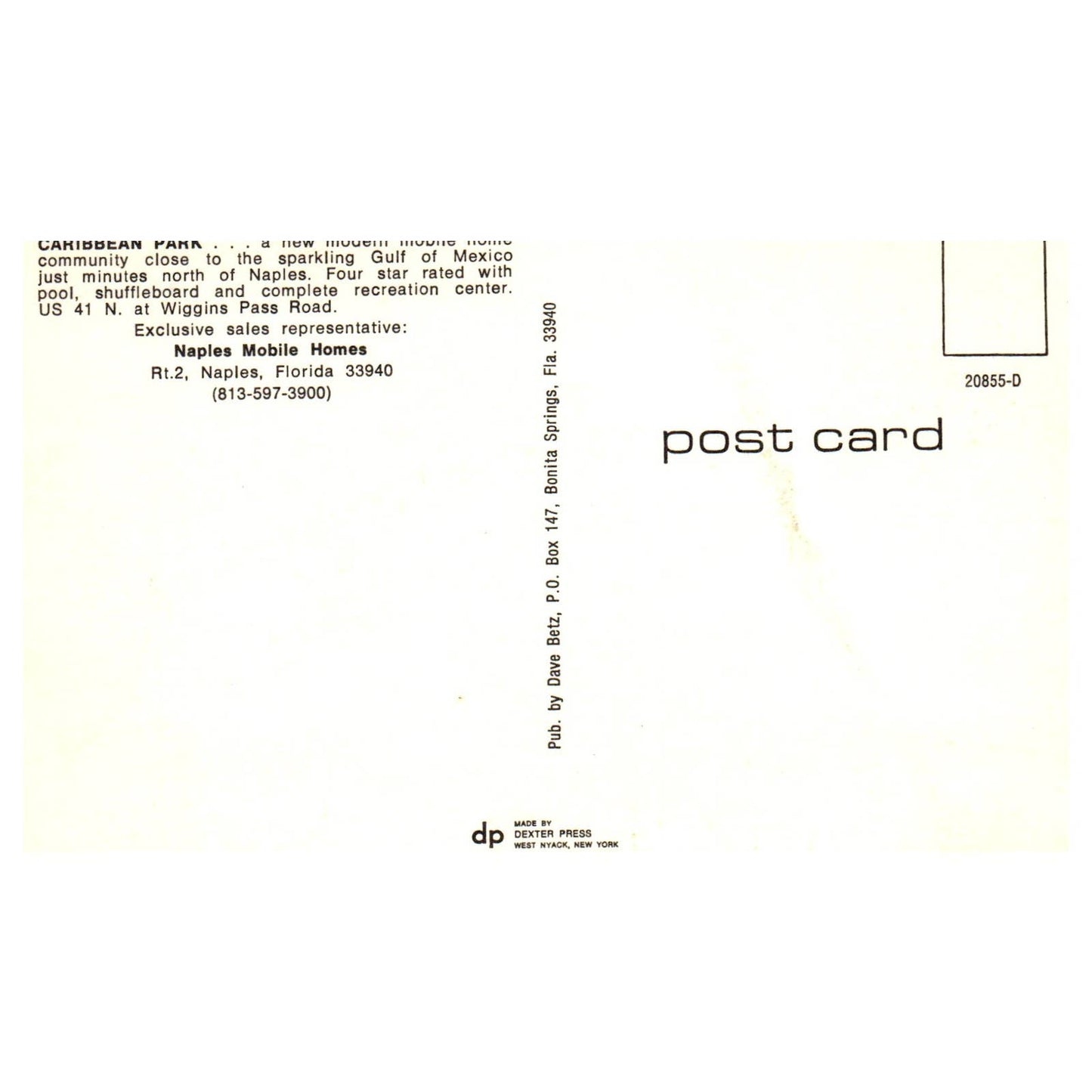 Caribbean Park Naples Mobile Homes Florida - Postcard TJ8-1