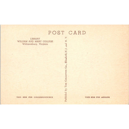 Library at William and Mary College Williamsburg VA Original Postcard TK1-26