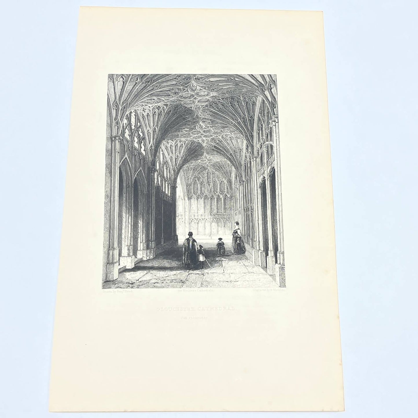 1842 Original Art Engraving Gloucester Cathedral The Cloisters AC6