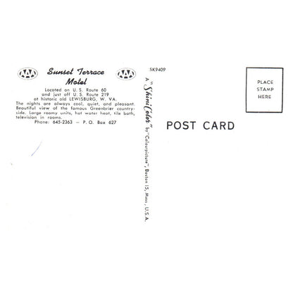 Vintage Postcard - Sunset Terrace Motel Lewisburg W. Va AD9