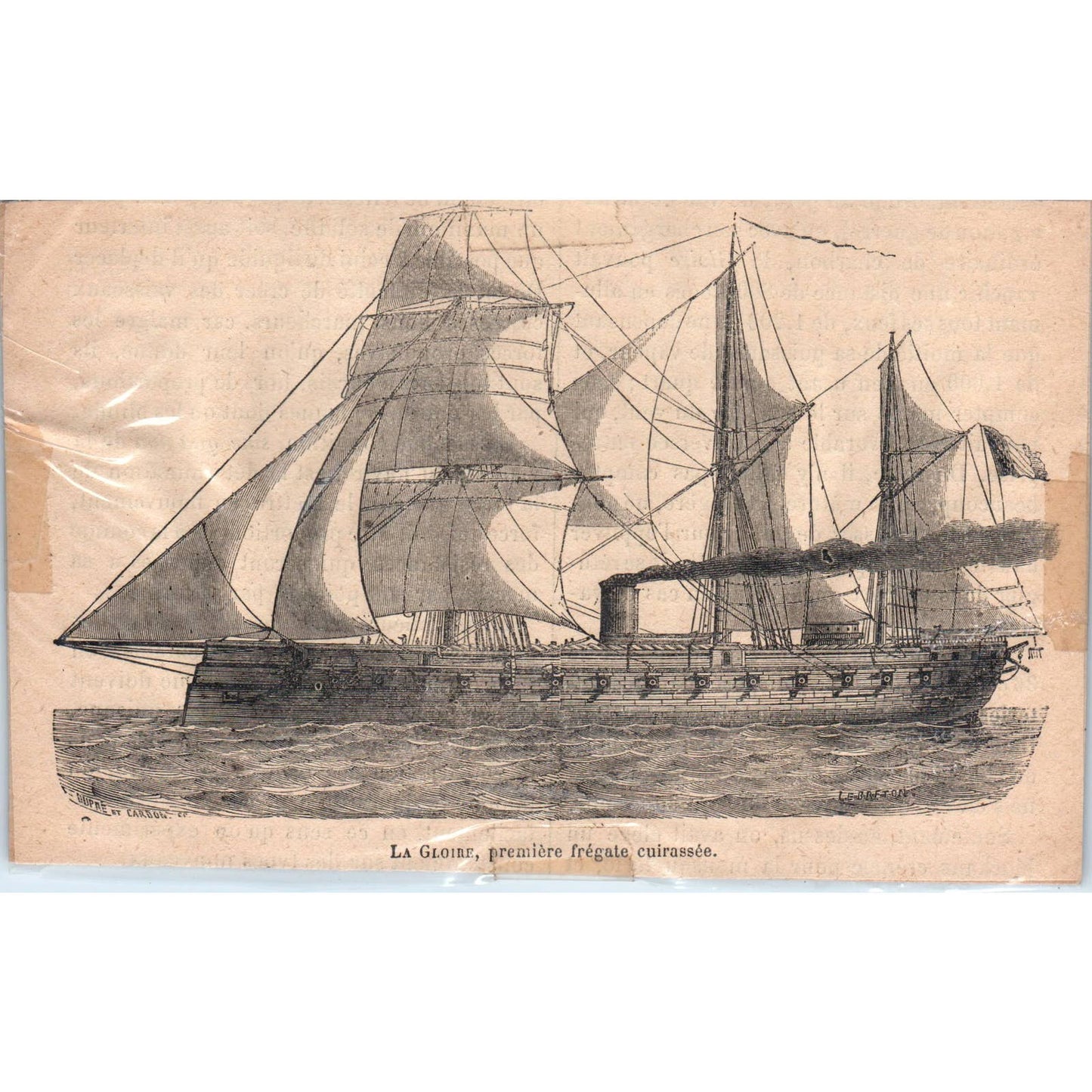 1880s French Wood Engraving LA GLOIRE, first armored frigate Ironclad 4x6" TJ1-1