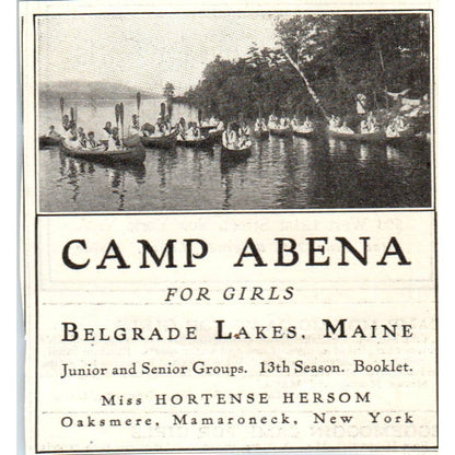 c1920 Harper's Magazine Ad -Camp Abena for Girls Belgrade Lakes Maine EA3