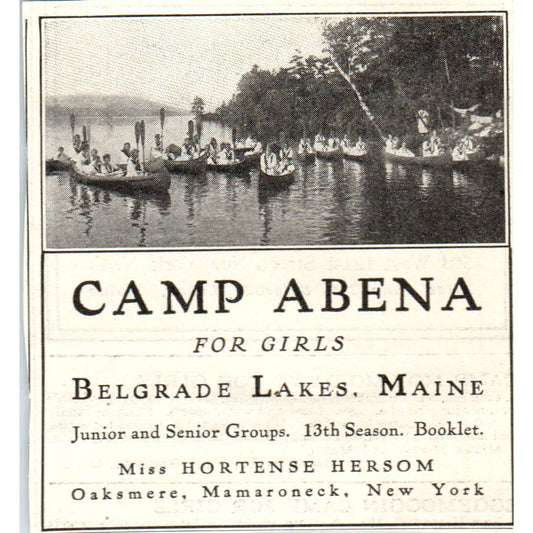 c1920 Harper's Magazine Ad -Camp Abena for Girls Belgrade Lakes Maine EA3