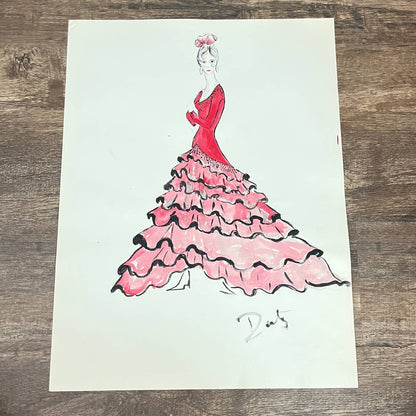 1960s Original LARGE Fashion Flamenco Illustration By Edmund Dantez FL1