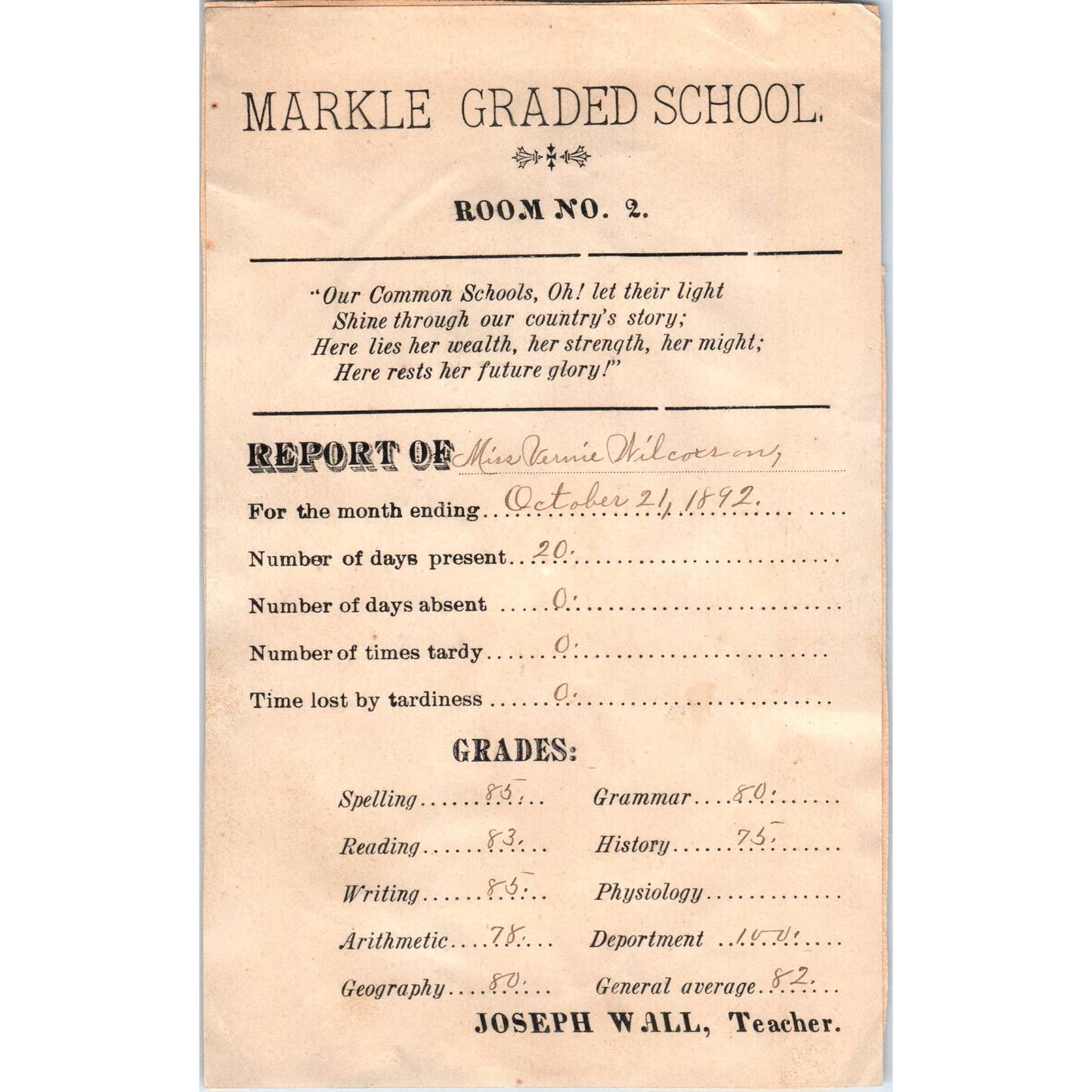 1892 Markle IN School Report Card Teacher Joseph Wall to Verna Wilcoxson SF2