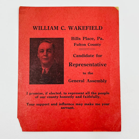 1944 William C. Wakefield Political Campaign Card Fulton County PA Assembly SC1