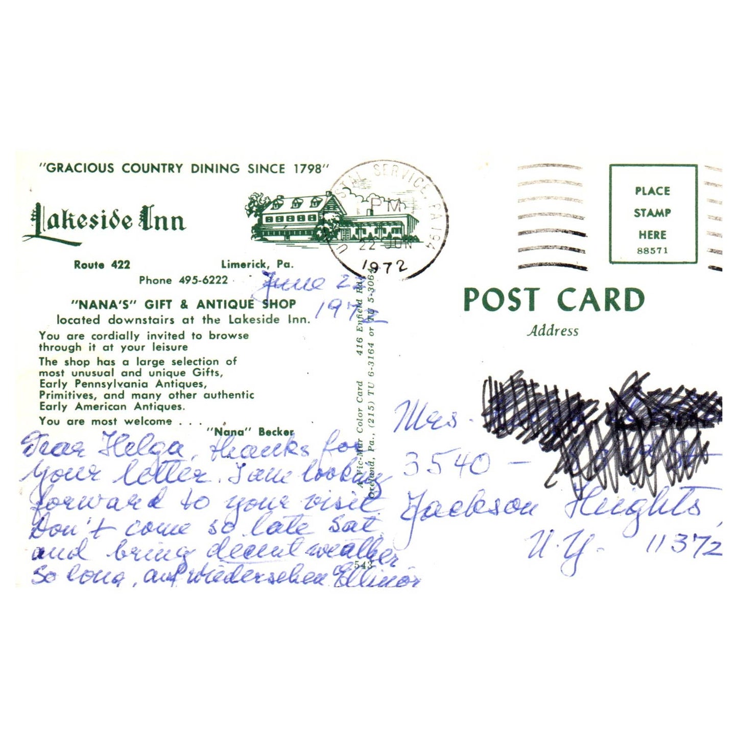 Vintage Postcard - Lakeside Inn Nana's Gift & Antique Shop Limerick PA AD9