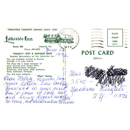 Vintage Postcard - Lakeside Inn Nana's Gift & Antique Shop Limerick PA AD9