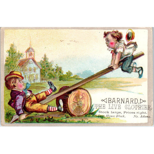 1880s Victorian Trade Card Barnard the Live Clothier Children on See-Saw SE8