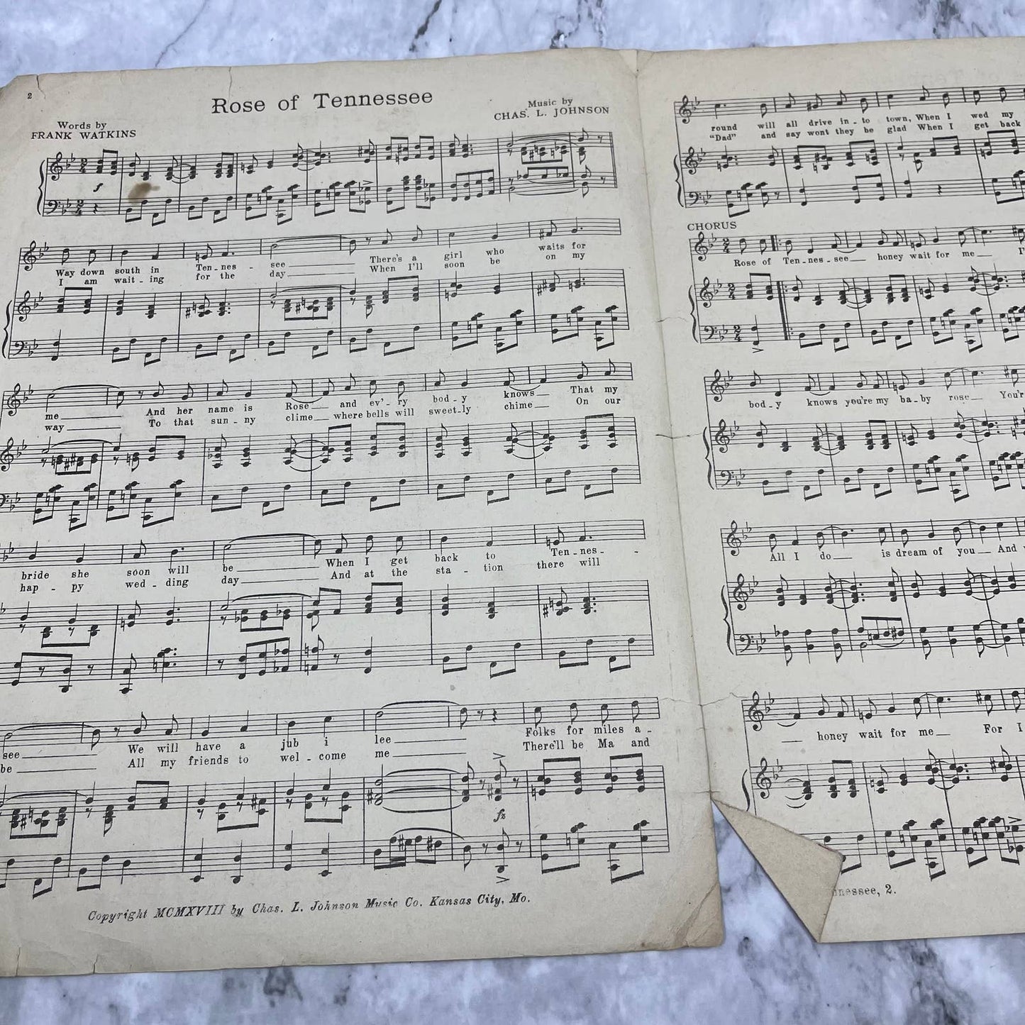 1918 CHAS. L. JOHNSON Sheet Music ROSE OF TENNESSEE (Kansas City Press) TJ4