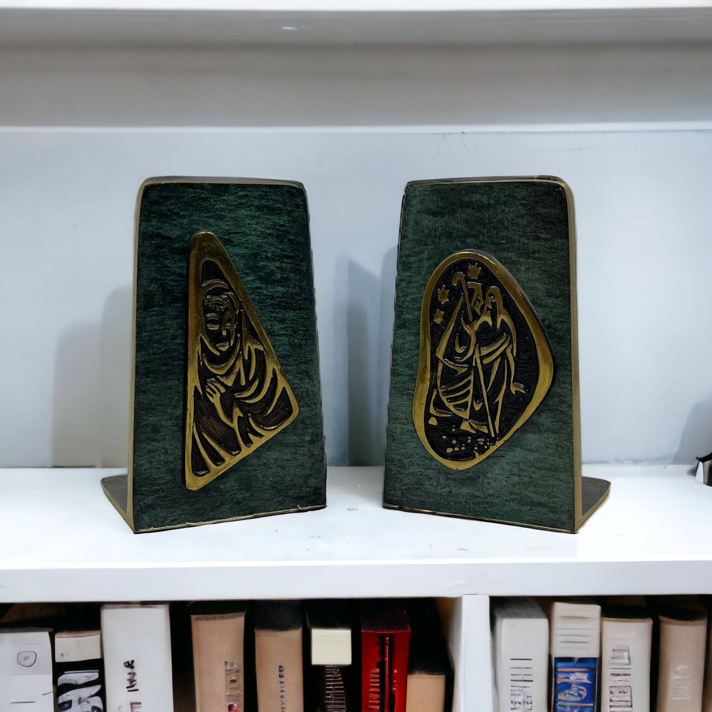 Dayagi Israel Green Burnished Enamel Brass Bookends Jesus Mary & Joseph TK1