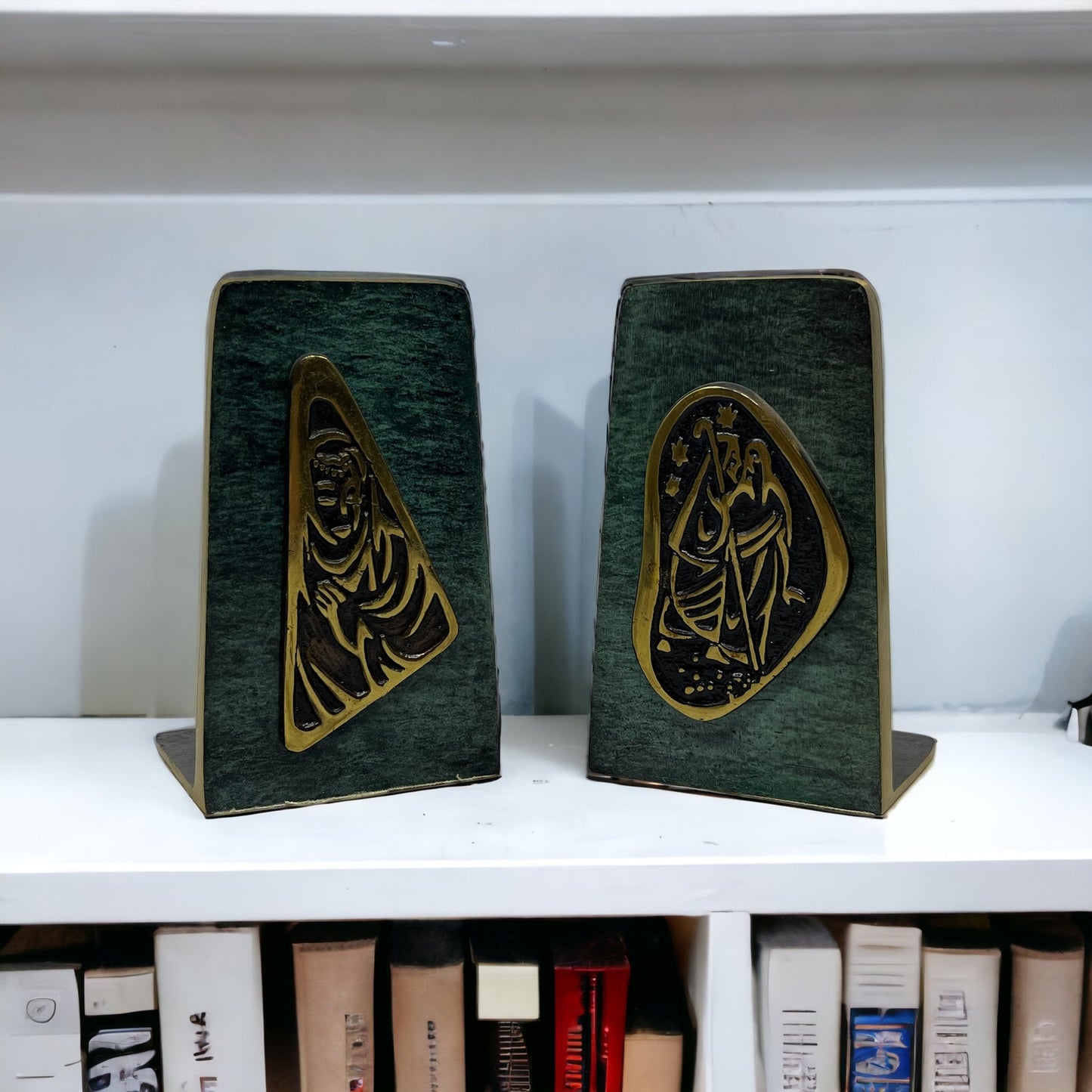 Dayagi Israel Green Burnished Enamel Brass Bookends Jesus Mary & Joseph TK3