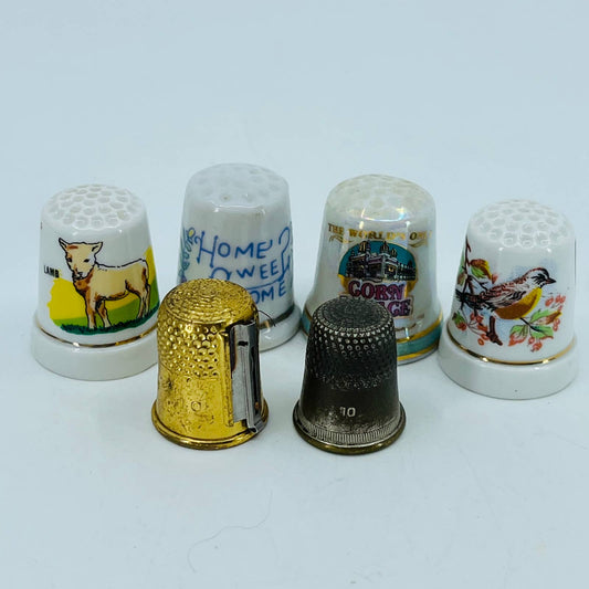 Vintage Lot of 6 Thimbles Threader Cutter Porcelain Corn Palace Bird Lamb SB1