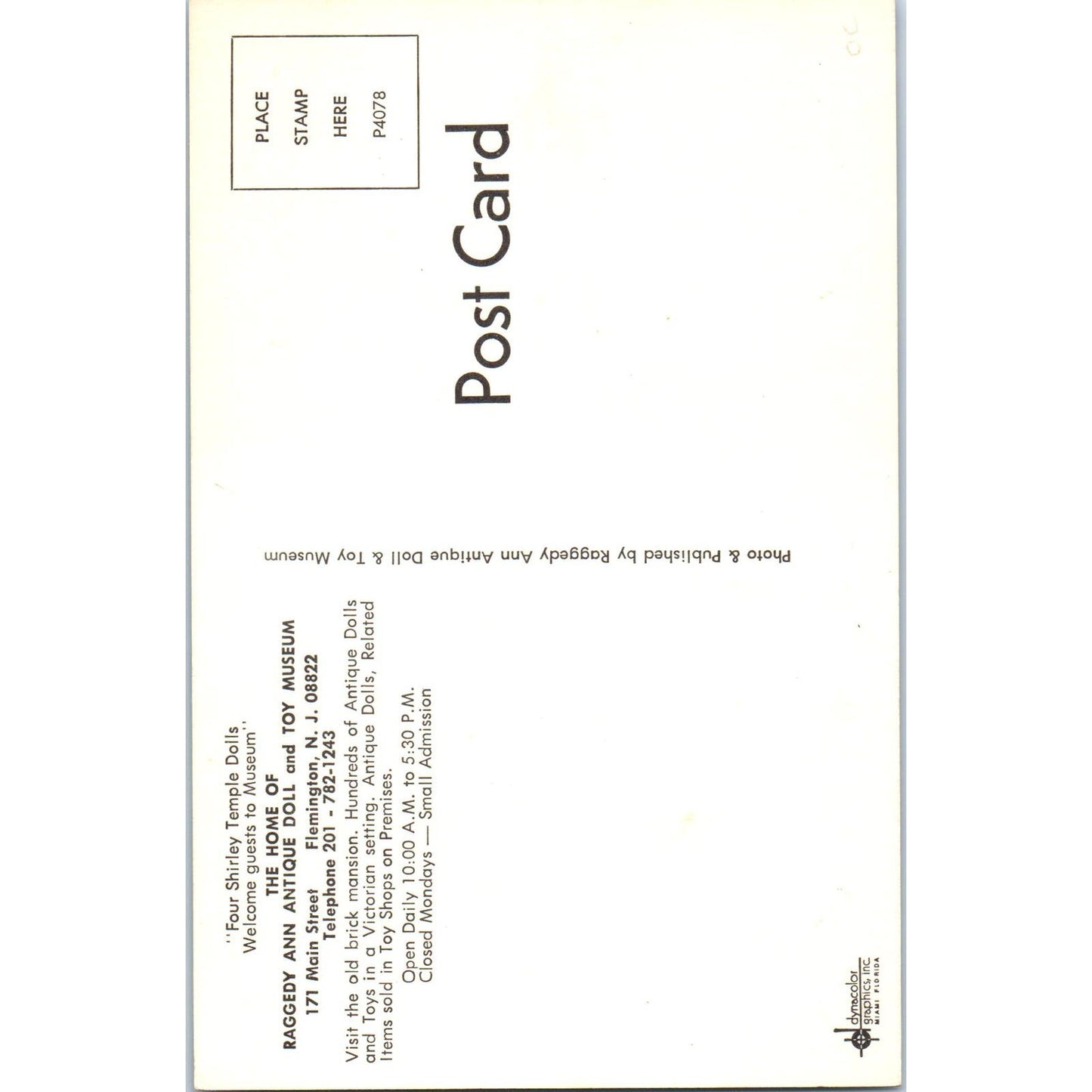 Shirley Temple Dolls Raggedy Ann Antique Doll Museum Flemington Postcard PB5