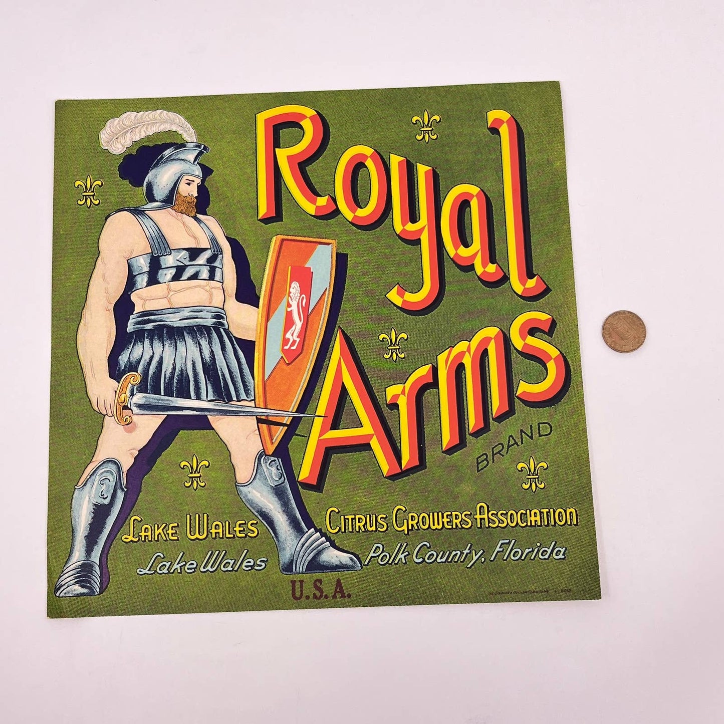 Vintage Royal Arms Original 1940s Polk County, FL Citrus Crate Label FL3