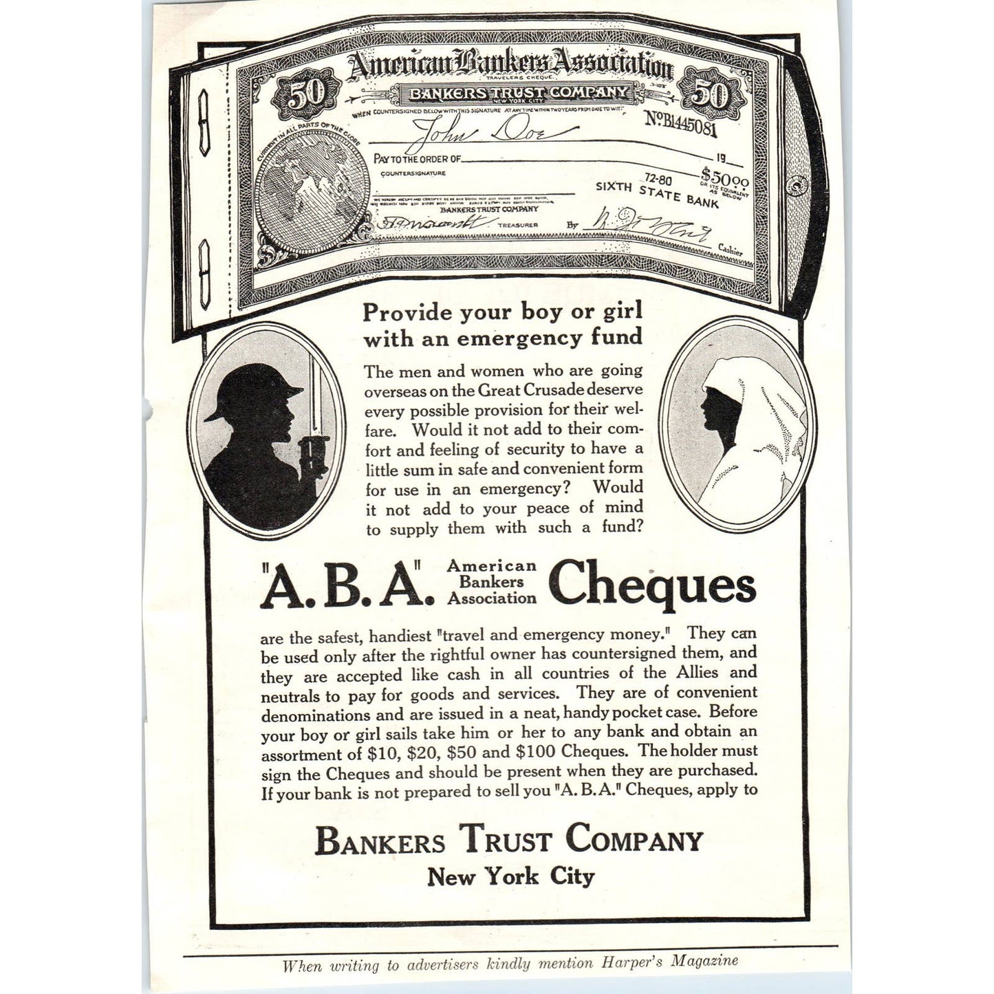 c1920 Harper's Magazine Ad -  ABA Cheques Bankers Trust Company NY TF6-1