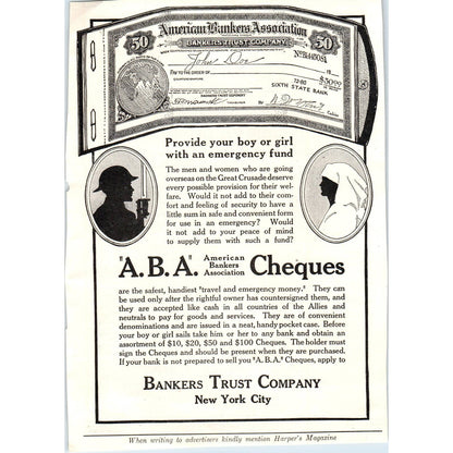 c1920 Harper's Magazine Ad -  ABA Cheques Bankers Trust Company NY TF6-1