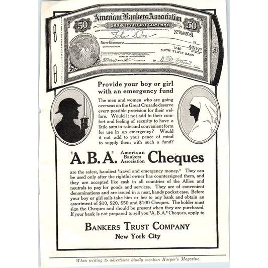 c1920 Harper's Magazine Ad -  ABA Cheques Bankers Trust Company NY TF6-1